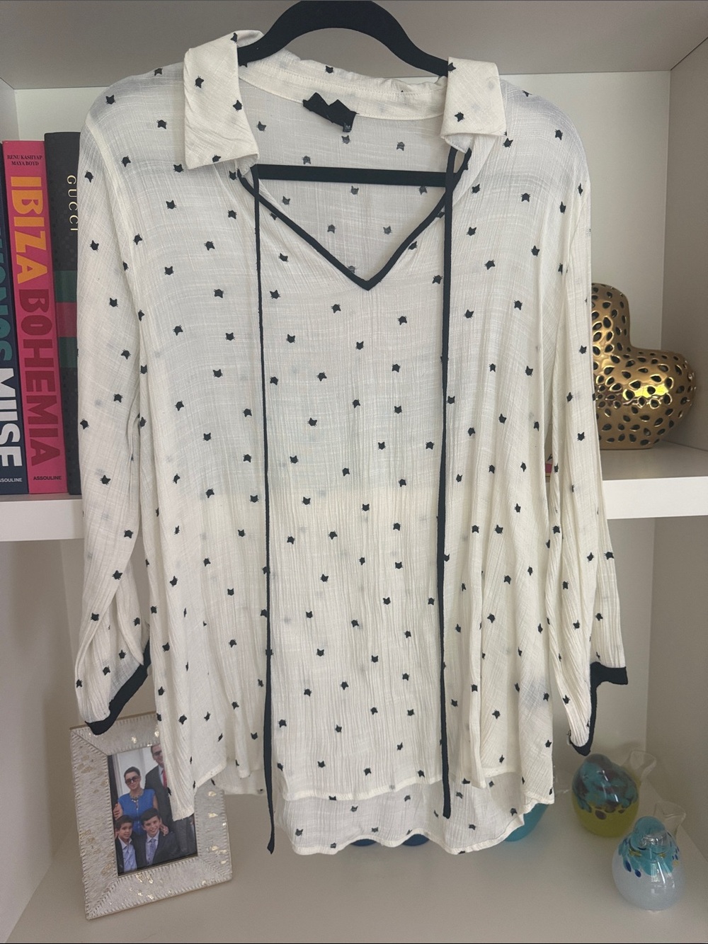 Cream Long-Sleeve Button-Trim Blouse with Black Dot Detail